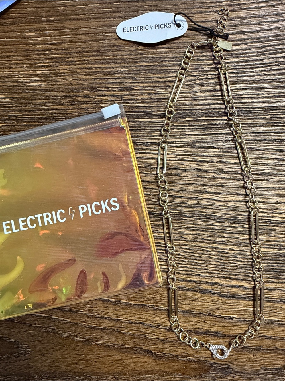 Electric Picks - 14k Gold Mixed-Link Necklace with diamond handcuff